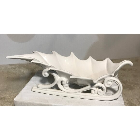 Ceramic Sleigh Holly Leaf Shape Dish Solid Glazed White 11" Long - Picture 5 of 11